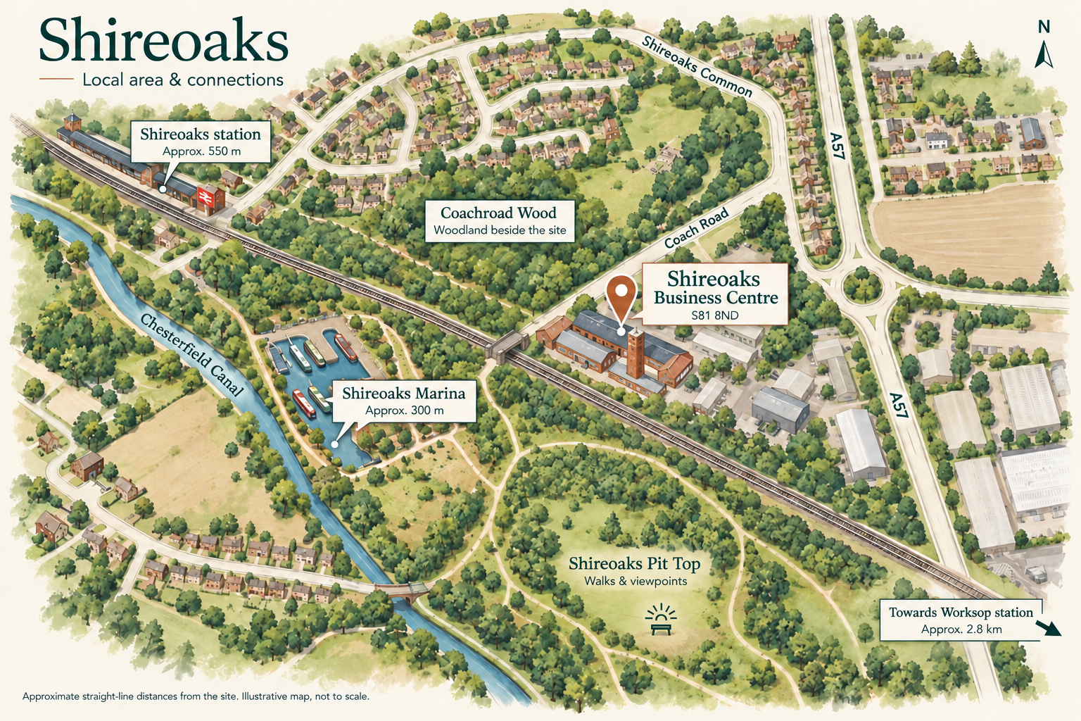 Illustrated local area map showing Shireoaks Business Centre, the station and marina